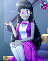 Size: 920x1160 | Tagged: safe, artist:the-butch-x, imported from derpibooru, part of a set, octavia melody, equestria girls, ..., belt, blushing, bow, bowtie, breasts, busty octavia, busty octavia melody, butch's hello, canterlot high, clothes, collarbone, cute, cutie mark on clothes, disgruntled, dress, equestria girls logo, female, hello, hello x, indoors, kneesocks, legs, logo, long hair, looking at you, my little pony logo, open mouth, raised eyebrow, signature, sitting, skirt, sleeveless, socks, solo, speech bubble, staircase, stairs, treble clef, vest