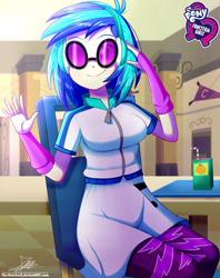 Size: 920x1160 | Tagged: safe, artist:the-butch-x, imported from derpibooru, part of a set, dj pon-3, vinyl scratch, equestria girls, breasts, busty vinyl scratch, butch's hello, cafeteria, canterlot high, chair, clothes, cute, drinking straw, equestria girls logo, female, fingerless gloves, glasses, gloves, headphones, hello x, jacket, juice, juice box, leggings, looking at you, my little pony logo, signature, sitting, skirt, smiling, solo, straw, table, vinyl's glasses, waving