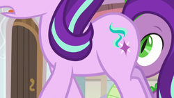 Size: 1280x720 | Tagged: safe, imported from derpibooru, screencap, spike, starlight glimmer, dragon, pony, unicorn, a matter of principals, cutie mark, duo, eyes on the prize, female, looking at butt, mare, out of context, plot