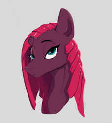 Size: 590x648 | Tagged: safe, artist:greyscaleart, imported from derpibooru, fizzlepop berrytwist, tempest shadow, pony, unicorn, alternate hairstyle, broken horn, eye scar, female, gray background, horn, lidded eyes, mare, scar, simple background, solo