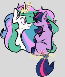 Size: 1009x1198 | Tagged: safe, artist:greyscaleart, imported from derpibooru, princess celestia, twilight sparkle, alicorn, pony, unicorn, cutie mark, duo, eye contact, female, glowing horn, gray background, horn, looking at each other, magic, momlestia, simple background, smiling, telekinesis