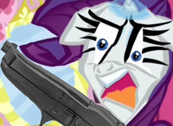 Size: 810x594 | Tagged: safe, edit, edited edit, edited screencap, imported from derpibooru, screencap, rarity, pony, angry, beretta, content-aware scale, delet this, exploitable meme, female, gun, handgun, magic, meme, not salmon, pistol, shitposting, solo, telekinesis, wat, weapon