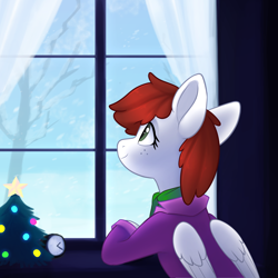 Size: 3000x3000 | Tagged: safe, artist:scarlet-spectrum, imported from derpibooru, oc, oc only, oc:graph travel, pegasus, pony, christmas, christmas tree, clock, clothes, female, freckles, holiday, mare, scarf, smiling, snow, solo, tree, vest, window, winter