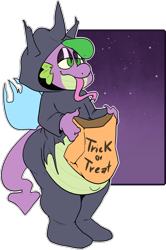 Size: 1003x1509 | Tagged: safe, artist:inisu, imported from derpibooru, spike, anthro, changeling, dragon, bag, belly, bhm, changeling costume, clothes, costume, explicit source, fat, fat spike, halloween, halloween costume, holiday, kigurumi, lidded eyes, male, solo, tongue out, trick or treat