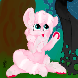 Size: 500x500 | Tagged: safe, artist:timeatriy-time-lives, imported from derpibooru, queen chrysalis, oc, oc:fluffle puff, changeling, pony, fluffy, pink, queen