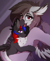 Size: 1626x2000 | Tagged: safe, artist:meggchan, imported from derpibooru, oc, oc only, oc:narcissa, oc:phase shift, griffon, pegasus, pony, beak, chest fluff, claws, cuddling, cute, female, floppy ears, fluffy, freckles, grabbing, griffon on pony action, hug, interspecies, lesbian, long tail, looking at you, looking up, mare, open mouth, pony on griffon action, selfie, size difference, smiling, snuggling, spread wings, tail feathers, talons, wings
