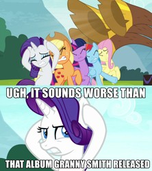 Size: 1280x1440 | Tagged: safe, imported from derpibooru, screencap, applejack, fluttershy, rainbow dash, rarity, twilight sparkle, alicorn, yakity-sax, annoyed, caption, covering ears, image macro, text, the simpsons, twilight sparkle (alicorn), yovidaphone