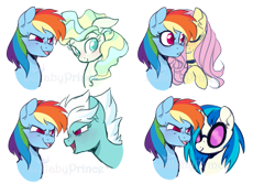 Size: 900x600 | Tagged: safe, artist:lullabyprince, imported from derpibooru, dj pon-3, fleetfoot, fluttershy, rainbow dash, vapor trail, vinyl scratch, pegasus, pony, unicorn, bust, choker, colored pupils, female, fleetdash, floppy ears, flutterdash, lesbian, mare, open mouth, portrait, rainbow dash gets all the mares, shipping, simple background, solo, transparent background, vapordash, vinyldash