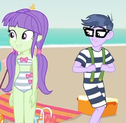 Size: 692x676 | Tagged: safe, imported from derpibooru, screencap, microchips, starlight, starshine, equestria girls, equestria girls series, lost and found, background human, bandeau, beach, clothes, cooler, cropped, eyes on the prize, female, glasses, male, midriff, shipping, starchips, starshine's beach shorts swimsuit, straight, striped swimsuit, suspenders, swimsuit, towel, umbrella