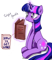 Size: 1200x1400 | Tagged: safe, artist:tastyrainbow, imported from derpibooru, twilight sparkle, pony, unicorn, blushing, book, cute, female, happy, magic, mare, purple eyes, simple background, sitting, solo, telekinesis, unicorn twilight, white background