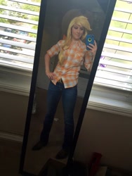 Size: 768x1024 | Tagged: safe, imported from derpibooru, applejack, human, boots, clothes, cosplay, costume, cowboy boots, cowgirl, irl, irl human, jeans, pants, photo, shoes