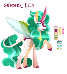 Size: 1796x1984 | Tagged: safe, artist:sugaryicecreammlp, imported from derpibooru, oc, oc only, oc:summer lily, hybrid, changeling hybrid, colored hooves, crack ship offspring, female, interspecies offspring, kirin hybrid, kirinling, offspring, parent:rain shine, parent:thorax, raised hoof, reference sheet, simple background, solo, transparent background