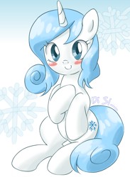 Size: 1100x1500 | Tagged: safe, artist:tastyrainbow, imported from derpibooru, oc, oc only, pony, unicorn, blue eyes, blue hair, blushing, cute, ocbetes, snow, snowflake, solo