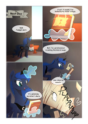 Size: 1024x1449 | Tagged: safe, artist:gashiboka, imported from derpibooru, princess luna, alicorn, pony, comic:scar of solar, comic, diary, female, magic, mare, telekinesis, this will end in tears and/or a journey to the moon, this will end in tears and/or a journey to the sun, this will not end well