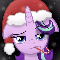 Size: 4000x4000 | Tagged: safe, alternate version, artist:sol-r, imported from derpibooru, starlight glimmer, pony, unicorn, the parent map, bust, candy, candy cane, christmas, female, festive, floppy ears, food, frown, hat, high res, holiday, horn, lidded eyes, mare, mouth hold, night, outdoors, raised eyebrow, santa hat, shadow, simple background, snow, snowfall, solo, starlight glimmer is not amused, starlight is not amused, unamused, vector, winter