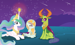 Size: 1025x618 | Tagged: safe, artist:liya04, imported from derpibooru, princess celestia, thorax, oc, oc:nature morning, changedling, changeling, changepony, hybrid, female, king thorax, magic, male, night, offspring, parent:princess celestia, parent:thorax, parents:thoralestia, prone, shipping, shooting star, sploot, straight, thoralestia