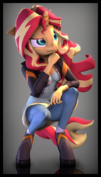 Size: 3400x6000 | Tagged: safe, artist:imafutureguitarhero, imported from derpibooru, sunset shimmer, anthro, unguligrade anthro, equestria girls, 3d, :t, absurd file size, absurd resolution, boots, border, clothes, colored eyebrows, colored eyelashes, dress, female, film grain, floppy ears, freckles, hand on chin, hand on knee, jacket, jeans, leather jacket, long hair, long mane, multicolored mane, multicolored tail, nose wrinkle, pants, peppered bacon, reflection, shadow, shirt, shoes, signature, socks, solo, source filmmaker, squatting, vertical, windswept mane, windswept tail