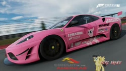 Size: 480x270 | Tagged: safe, artist:forzaveteranenigma, imported from derpibooru, pinkie pie, pony, fanfic:equestria motorsports, car, circuit of the americas, driving, ferrari, ferrari 430 scuderia, forza motorsport 7, motorsport, photo, race track, racecar, racing