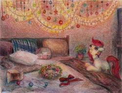 Size: 2246x1719 | Tagged: safe, artist:malinetourmaline, imported from derpibooru, roseluck, earth pony, pony, bed, christmas ornament, collar, commissioner:doom9454, decoration, female, flower, garland, mare, pet tag, pillow, pony pet, room, rosepet, solo, traditional art, vase