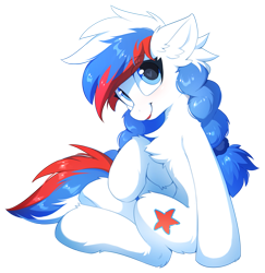 Size: 1263x1300 | Tagged: safe, artist:hioshiru, imported from derpibooru, oc, oc only, oc:marussia, earth pony, pony, 2019 community collab, derpibooru community collaboration, chest fluff, ear fluff, female, fluffy, leg fluff, mare, nation ponies, raised hoof, russia, simple background, sitting, slim, smiling, solo, striped mane, striped tail, tail, transparent background