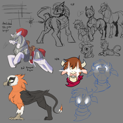 Size: 2500x2500 | Tagged: safe, artist:invertigo, imported from derpibooru, arizona cow, oc, oc:galley, oc:jellybean, oc:naziha, oc:red rampart, oc:yodi, bat pony, cow, earth pony, griffon, horse, pony, unicorn, them's fightin' herds, arizona (tfh), armor, bat pony oc, community related, dock, doodles, glowing eyes, knight, leonine tail, sketch