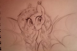 Size: 2160x1436 | Tagged: safe, artist:doctorkoda, imported from derpibooru, oc, oc only, oc:crispy crescent, bat pony, pony, female, mare, monochrome, solo, traditional art