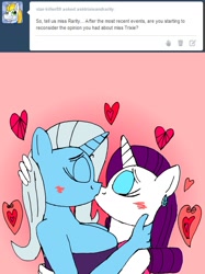 Size: 1280x1711 | Tagged: safe, artist:americananomaly, imported from derpibooru, rarity, trixie, anthro, anthroquestria, blushing, clothes, dress, female, kissing, lesbian, rarixie, shipping