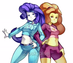 Size: 2300x2000 | Tagged: safe, artist:zipskyblue, imported from derpibooru, adagio dazzle, rarity, equestria girls, adagity, belly button, belly shirt, clothes, commission, female, jacket, lesbian, looking at you, midriff, pants, pointed breasts, shipping, smiling