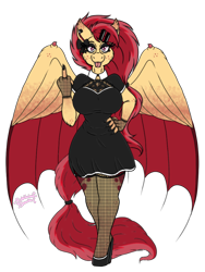 Size: 768x1024 | Tagged: safe, artist:rubysplash2018, imported from derpibooru, oc, oc only, oc:ruby splash, anthro, bat pony, bat pony oc, bow, clothes, dress, fishnet clothing, flipping off, goth, gothic, hair bow, hair tie, hairclip, hybrid wings, middle finger, pentagram, shoes, solo, vulgar