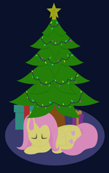 Size: 1883x3000 | Tagged: safe, artist:alltimemine, imported from derpibooru, fluttershy, pegasus, pony, christmas, christmas star, christmas tree, cutie mark, dark, eyes closed, female, garland, hearth's warming, hearth's warming tree, holiday, hooves, inkscape, lineless, mare, night, present, prone, sleeping, solo, tree, vector, wings