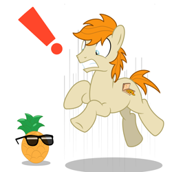 Size: 2500x2500 | Tagged: safe, artist:pizzamovies, imported from derpibooru, oc, oc only, oc:pizzamovies, earth pony, pony, cutie mark, exclamation point, food, glasses, jumping, male, pineapple, pizza, simple background, speed lines, stallion, surprised, teeth
