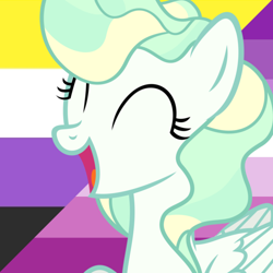 Size: 500x500 | Tagged: safe, imported from derpibooru, vapor trail, pegasus, pony, ^^, colored outlines, eyes closed, female, femme lesbian, femme pride flag, gender headcanon, happy, headcanon, lesbian, lgbt, lgbt headcanon, lgbtq, nonbinary, nonbinary pride flag, pride, pride background, pride flag, sexuality headcanon, show accurate