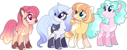 Size: 2101x840 | Tagged: safe, artist:pandemiamichi, artist:s1nb0y, imported from derpibooru, oc, oc only, earth pony, pegasus, pony, unicorn, female, magical lesbian spawn, mare, offspring, parent:applejack, parent:fluttershy, parent:nurse redheart, parent:pinkie pie, parent:princess celestia, parent:princess luna, parent:rarity, parent:sugar belle, parents:appleheart, parents:pinkielestia, parents:rariluna, parents:sugarshy, simple background, transparent background
