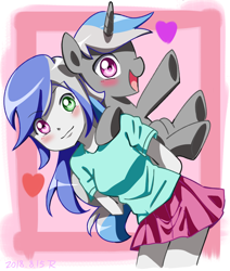 Size: 1100x1300 | Tagged: safe, artist:tastyrainbow, imported from derpibooru, oc, oc only, human, pony, unicorn, birthday, blushing, clothes, cute, happy, heterochromia, human ponidox, miniskirt, pleated skirt, self ponidox, skirt