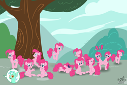 Size: 6000x4000 | Tagged: safe, artist:bossboi, imported from derpibooru, lyra heartstrings, pinkie pie, earth pony, pony, too many pinkie pies, 12 days of christmas, betcha can't make a face crazier than this, clone, exclamation point, fun fun fun, g3 faic, hand, hoof fingers, multeity, one of these things is not like the others, pinkie blind, pinkie clone, pinkie's silly face, that pony sure does love hands, too much pink energy is dangerous, twelve days of christmas