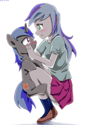 Size: 1100x1600 | Tagged: safe, artist:tastyrainbow, imported from derpibooru, oc, oc only, human, pony, unicorn, equestria girls, blushing, clothes, cute, female, happy, human ponidox, implied lesbian, implied selfcest, legs, mare, miniskirt, pleated skirt, self ponidox, shoes, skirt, socks, thighs