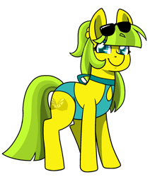 Size: 1483x1693 | Tagged: safe, artist:/d/non, imported from derpibooru, oc, oc only, oc:lemon drop, earth pony, pony, 2019 community collab, derpibooru community collaboration, clothes, female, glasses, hair tie, looking at you, mare, one-piece swimsuit, open-back swimsuit, simple background, solo, swimsuit, transparent background