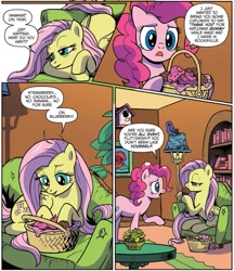 Size: 783x908 | Tagged: safe, artist:pencils, idw, imported from derpibooru, fluttershy, pinkie pie, spoiler:comic, spoiler:comic73, cupcake, food, muffin