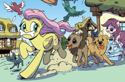 Size: 824x542 | Tagged: safe, artist:pencils, idw, imported from derpibooru, fluttershy, oc, oc:sky shatter, bird, chihuahua, dog, golden retriever, labrador retriever, pegasus, pony, shiba inu, spoiler:comic, spoiler:comic73, behaving like a dog, bone, cute, female, mare, mouth hold, shibe, shyabetes, stampede, that pony sure does love animals