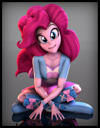 Size: 3600x4600 | Tagged: safe, artist:imafutureguitarhero, imported from derpibooru, pinkie pie, human, equestria girls, 3d, absurd resolution, boots, border, bracelet, chromatic aberration, clothes, crossed arms, crossed legs, female, grin, head tilt, jewelry, looking at you, raised eyebrow, reflection, shoes, signature, sitting on floor, skirt, smiling, solo, source filmmaker