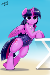 Size: 500x750 | Tagged: safe, artist:iloota, imported from derpibooru, twilight sparkle, alicorn, pony, semi-anthro, arm hooves, bipedal, bipedal leaning, clothes, crossed hooves, equestria girls outfit, female, human shoulders, humanoid torso, leaning, mare, one-piece swimsuit, smiling, solo, swimsuit, twilight sparkle (alicorn)