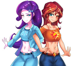 Size: 800x692 | Tagged: safe, artist:tzc, imported from derpibooru, rarity, sunset shimmer, human, equestria girls, equestria girls series, anime, bare shoulders, barrette, belly button, belly shirt, belt, blushing, clothes, cutie mark on clothes, denim, duo, female, hairclip, hairpin, human coloration, humanized, jacket, jeans, midriff, off shoulder, one eye closed, pants, peace sign, short shirt, simple background, smiling, wink