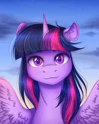 Size: 1728x2160 | Tagged: safe, artist:ashleyjaneworld, artist:neira, imported from derpibooru, twilight sparkle, alicorn, pony, :3, beautiful, bust, cloud, cute, ear fluff, female, looking at you, mare, portrait, sky, solo, spread wings, twiabetes, twilight sparkle (alicorn), wings