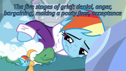 Size: 640x360 | Tagged: safe, edit, edited screencap, imported from derpibooru, screencap, rainbow dash, tank, tanks for the memories, bathrobe, caption, cards against humanity, clothes, grieving, image macro, rainbow dash slippers, robe, sad, text