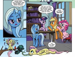 Size: 1054x804 | Tagged: safe, artist:pencils, idw, imported from derpibooru, applejack, fluttershy, pinkie pie, trixie, twilight sparkle, alicorn, bird, earth pony, pegasus, pony, snake, unicorn, spoiler:comic, spoiler:comic73, :p, animal, behaving like a bird, behaving like a snake, butt, cropped, cute, female, mare, plot, sitting, tongue out