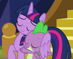 Size: 860x700 | Tagged: safe, imported from derpibooru, screencap, spike, twilight sparkle, alicorn, dragon, pony, father knows beast, cropped, cute, eyes closed, hug, mama twilight, spikelove, twilight sparkle (alicorn), winged spike, winghug, wings