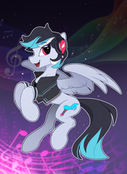 Size: 1820x2490 | Tagged: safe, artist:yakovlev-vad, imported from derpibooru, oc, oc only, pegasus, pony, abstract background, clothes, commission, female, flying, headphones, mare, music notes, shirt, smiling, solo