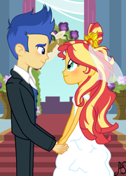 Size: 1549x2157 | Tagged: safe, artist:sparkling-sunset-s08, imported from derpibooru, flash sentry, sunset shimmer, equestria girls, equestria girls series, clothes, dress, female, flashimmer, male, marriage, shipping, straight, wedding, wedding dress