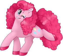 Size: 1004x906 | Tagged: safe, artist:69beas, imported from derpibooru, pinkie pie, earth pony, pony, colored hooves, cute, digital art, fluffy, fluffy mane, looking at you, makeup, one eye closed, pink, raised hoof, simple background, smiling, transparent background, wink