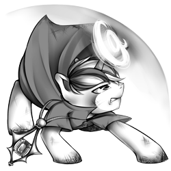 Size: 1024x1024 | Tagged: safe, artist:omgproductions, imported from derpibooru, oc, oc only, pony, unicorn, buck legacy, amulet, black and white, bruised, card art, clothes, determined, grayscale, jewelry, magic, male, monochrome, robe, robes, simple background, solo, transparent background